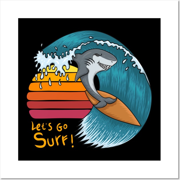 Surfing shark sunset - Let's go surf Wall Art by BB Funny Store